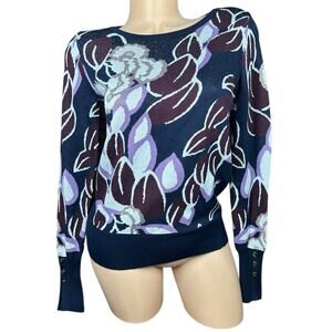 NEW Ann Taylor Dark Floral Sweater Button Detail on Sleeves Blue Purple Size XS
